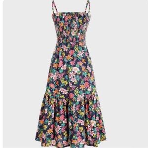 J Crew Re-Imagined Smocked Navy Floral Flower Midi Lined Dress
